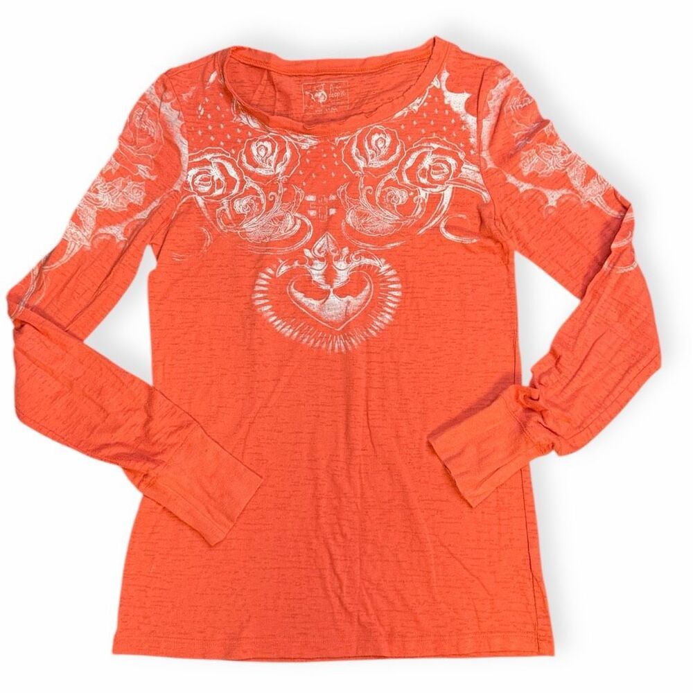 FREE PEOPLE Women’s Orange Long Sleeve Graphic Top Size Medium